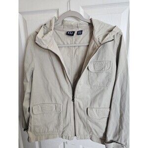 VTG Gap Women M Beige Hooded Utility Jacket Cotton Crop Gorpcore Y2K Distressed